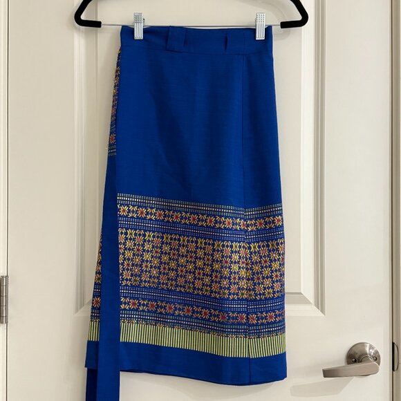 Flowy Adjustable Boho Wrap Skirt Metallic Flowers Blue Copper OS - Picture 2 of 7